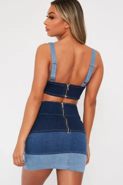 Rebellious Fashion Blue Contrast Panel Denim Skirt - Kodie