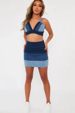 Rebellious Fashion Blue Contrast Panel Denim Skirt - Kodie