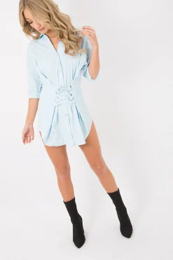 Rebellious Fashion Blue Corset Front Shirt Dress - Malika