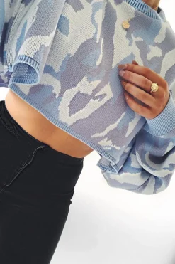 Rebellious Fashion Blue Cropped Batwing Camo Jumper - Lizy