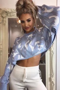 Rebellious Fashion Blue Cropped Batwing Camo Jumper - Lizy