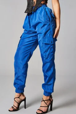 Rebellious Fashion Blue Cuffed Hem Shell Cargo Joggers - Iris