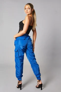 Rebellious Fashion Blue Cuffed Hem Shell Cargo Joggers - Iris
