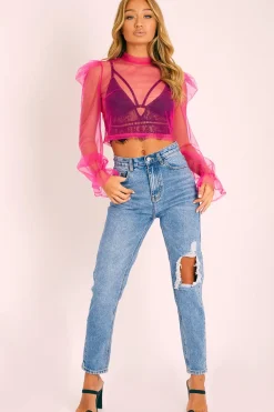 Rebellious Fashion Blue Denim Back Leg Ripped Mom Jeans - Lujane