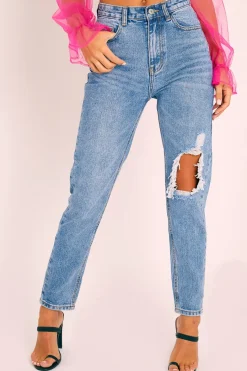 Rebellious Fashion Blue Denim Back Leg Ripped Mom Jeans - Lujane