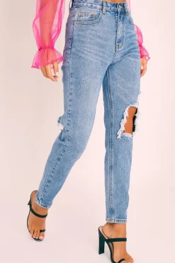 Rebellious Fashion Blue Denim Back Leg Ripped Mom Jeans - Lujane