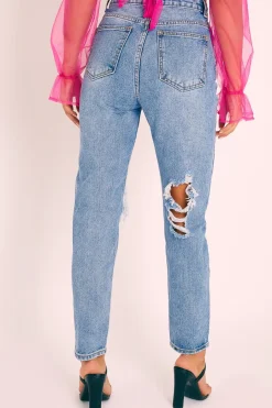 Rebellious Fashion Blue Denim Back Leg Ripped Mom Jeans - Lujane