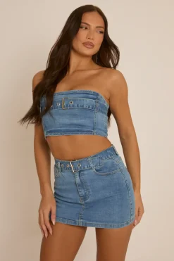 Rebellious Fashion Blue Denim Bandeau Crop Top and Mini Skirt Co-Ord - Elianna