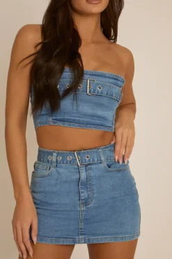 Rebellious Fashion Blue Denim Bandeau Crop Top and Mini Skirt Co-Ord - Elianna