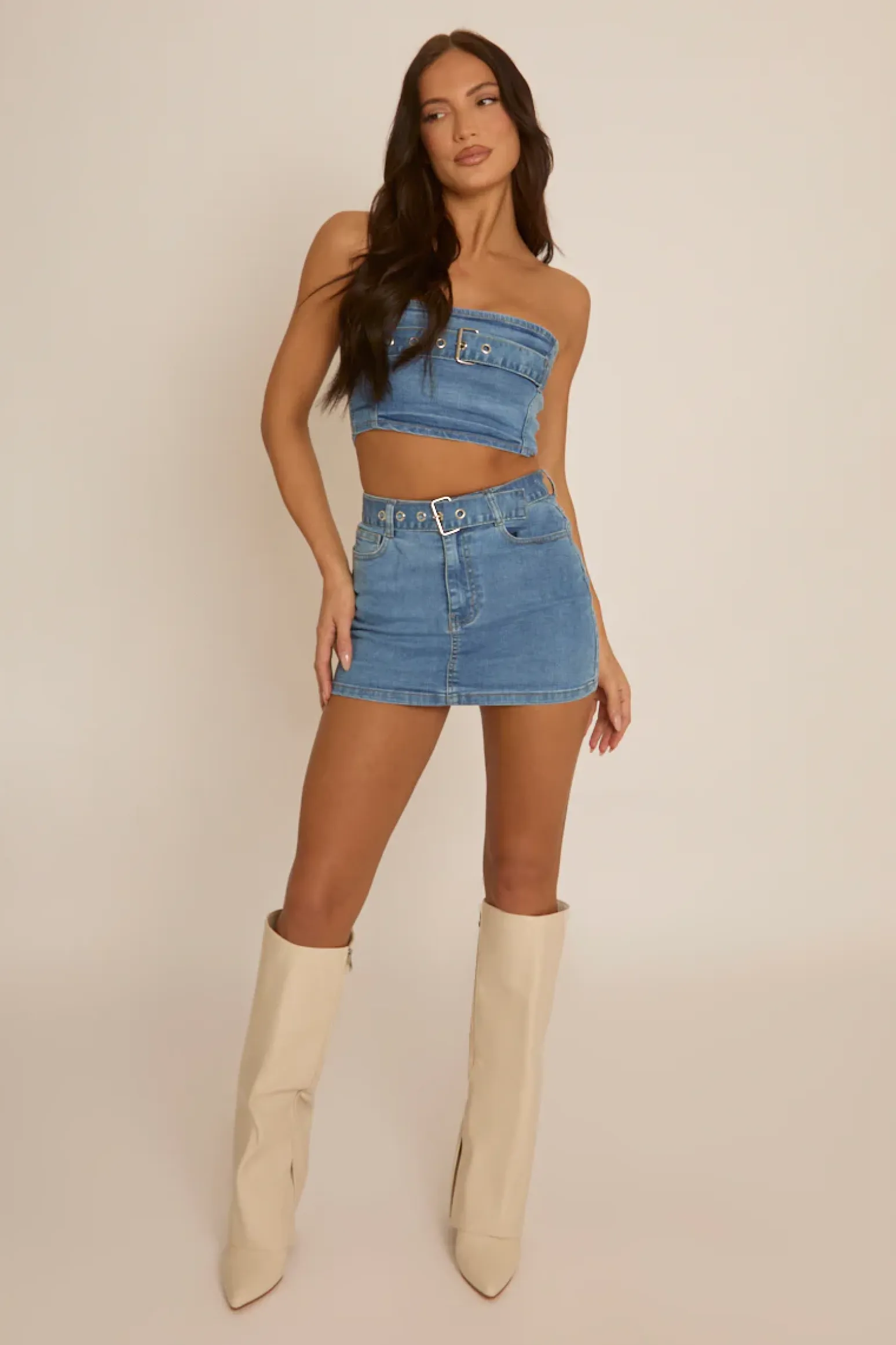 Rebellious Fashion Blue Denim Bandeau Crop Top and Mini Skirt Co-Ord - Elianna