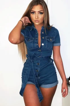 Rebellious Fashion Blue Denim Button Front Belted Playsuit - Darlina
