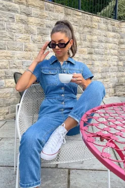 Rebellious Fashion Blue Denim Button Front Boiler Jumpsuit - Kashia