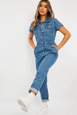 Rebellious Fashion Blue Denim Button Front Boiler Jumpsuit - Kashia