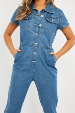 Rebellious Fashion Blue Denim Button Front Boiler Jumpsuit - Kashia