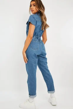 Rebellious Fashion Blue Denim Button Front Boiler Jumpsuit - Kashia
