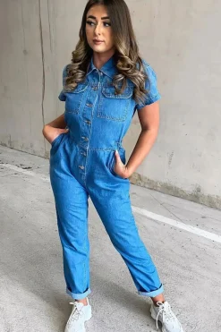 Rebellious Fashion Blue Denim Button Front Boiler Jumpsuit - Kashia