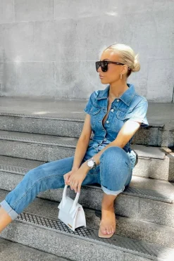 Rebellious Fashion Blue Denim Button Front Boiler Jumpsuit - Kashia