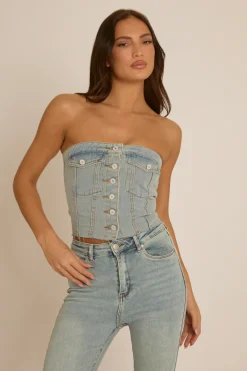 Rebellious Fashion Blue Denim Button Front Crop Top - Tania
