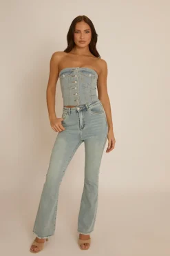 Rebellious Fashion Blue Denim Button Front Crop Top - Tania