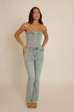Rebellious Fashion Blue Denim Button Front Crop Top - Tania