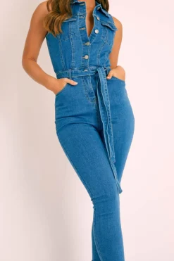 Rebellious Fashion Blue Denim Button Front Sleeveless Jumpsuit - Faven