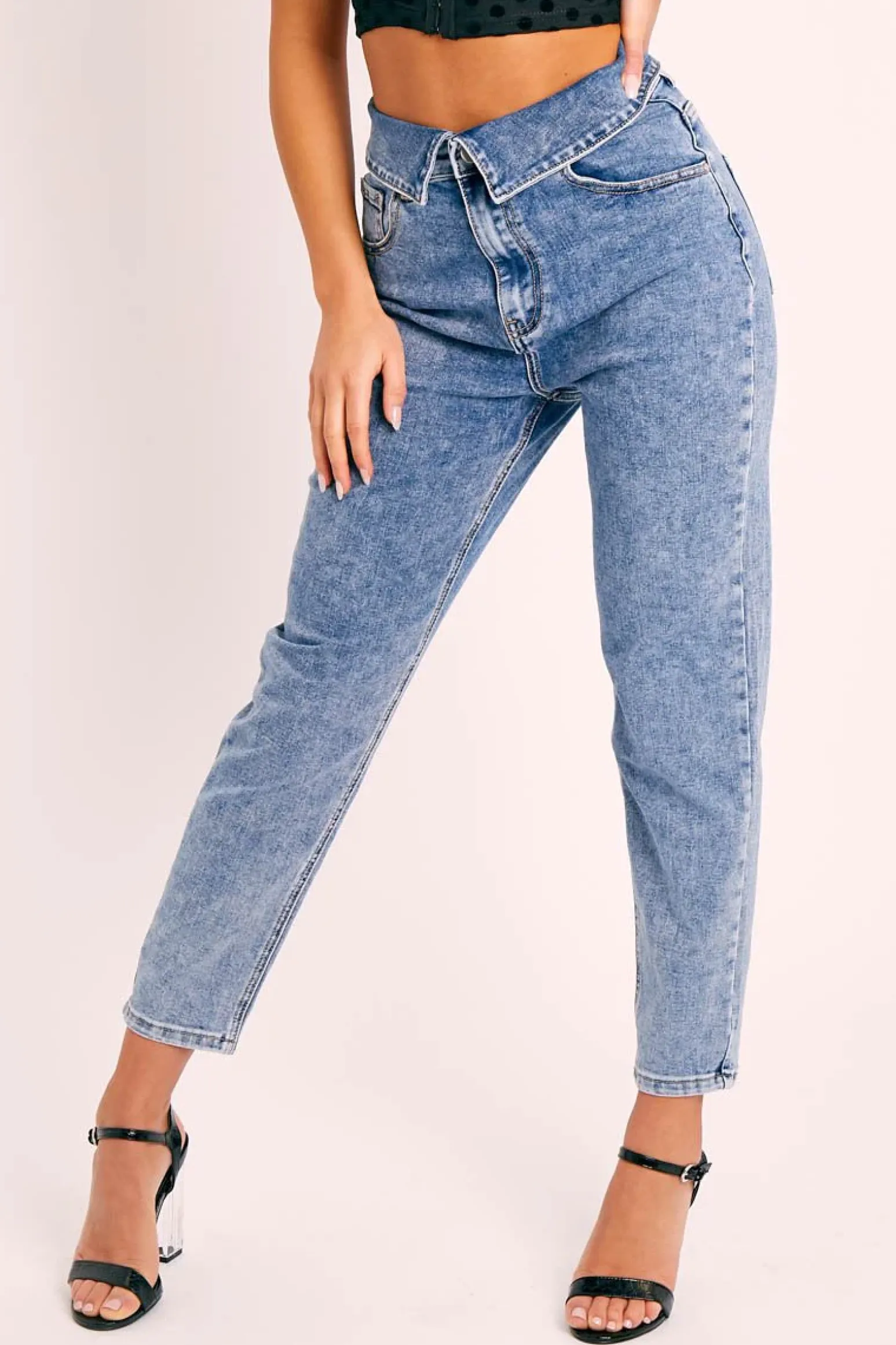 Rebellious Fashion Blue Denim Covered Waistband Mom Jeans - Tahlia