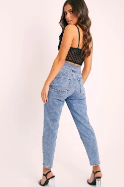 Rebellious Fashion Blue Denim Covered Waistband Mom Jeans - Tahlia