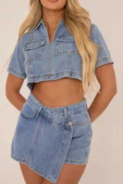 Rebellious Fashion Blue Denim Crop Top and Skort Co-Ord - Aleana