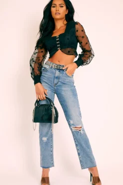 Rebellious Fashion Blue Denim Destroyed Straight Leg Jeans - Gena