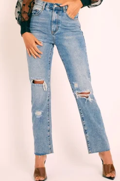Rebellious Fashion Blue Denim Destroyed Straight Leg Jeans - Gena