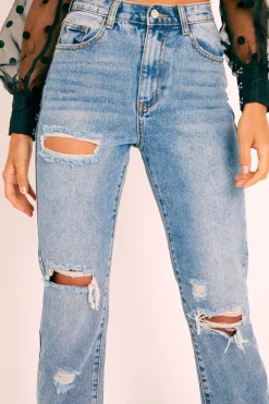 Rebellious Fashion Blue Denim Destroyed Straight Leg Jeans - Gena