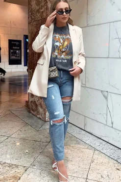 Rebellious Fashion Blue Denim Destroyed Straight Leg Jeans - Gena