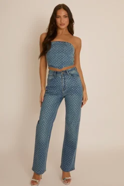 Rebellious Fashion Blue Denim Diamante Embellished Corset Top - Elaina