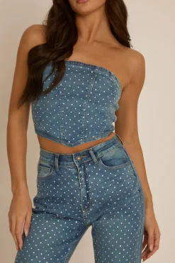 Rebellious Fashion Blue Denim Diamante Embellished Corset Top - Elaina
