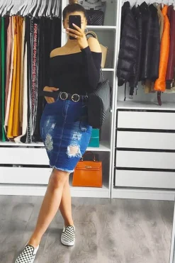 Rebellious Fashion Blue Denim Distressed Pencil Skirt - Adely