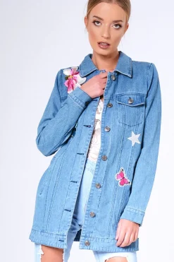 Rebellious Fashion Blue Denim Embroidered Oversized Jacket - Helena
