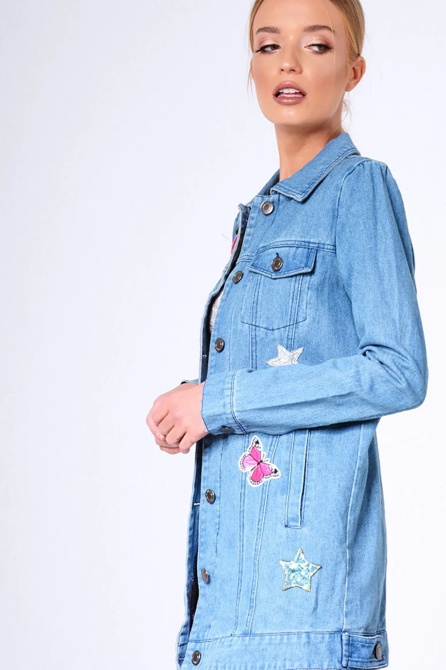 Rebellious Fashion Blue Denim Embroidered Oversized Jacket - Helena