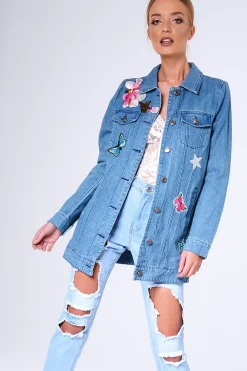 Rebellious Fashion Blue Denim Embroidered Oversized Jacket - Helena