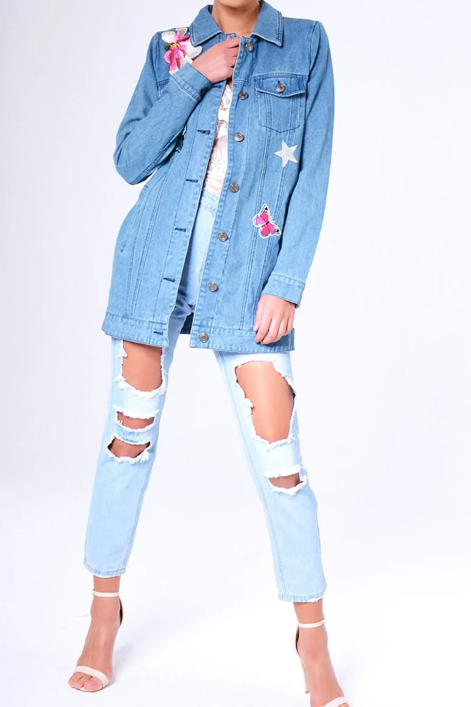 Rebellious Fashion Blue Denim Embroidered Oversized Jacket - Helena
