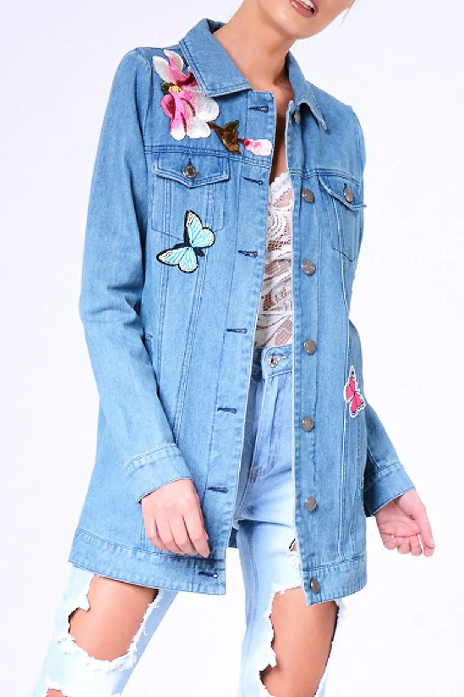 Rebellious Fashion Blue Denim Embroidered Oversized Jacket - Helena