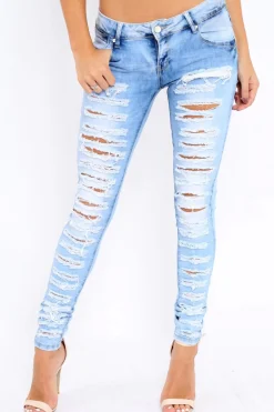 Rebellious Fashion Blue Denim Extreme Distressed Skinny Jeans - Annabelle