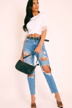 Rebellious Fashion Blue Denim Extreme Distressed Mom Jeans - Jacia