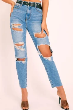 Rebellious Fashion Blue Denim Extreme Distressed Mom Jeans - Jacia