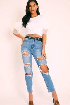 Rebellious Fashion Blue Denim Extreme Distressed Mom Jeans - Jacia