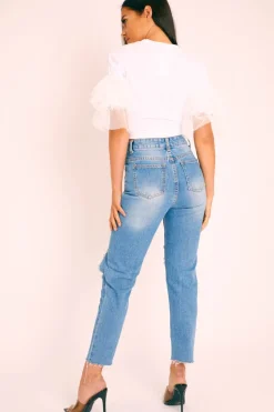 Rebellious Fashion Blue Denim Extreme Distressed Mom Jeans - Jacia