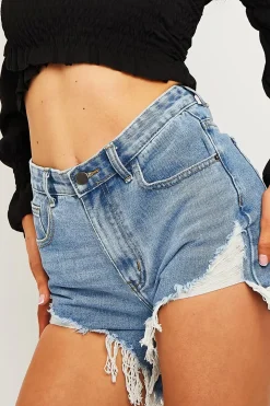 Rebellious Fashion Blue Denim Extreme Rip Front Shorts - Aarya