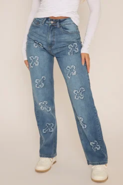 Rebellious Fashion Blue Denim Frayed Cross Jeans - Fenella