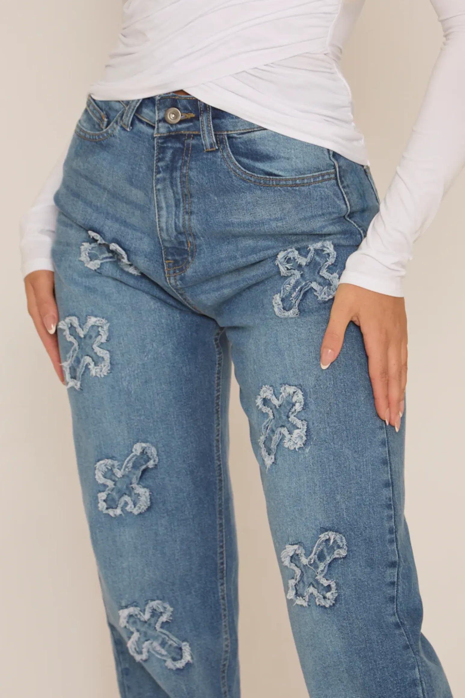 Rebellious Fashion Blue Denim Frayed Cross Jeans - Fenella