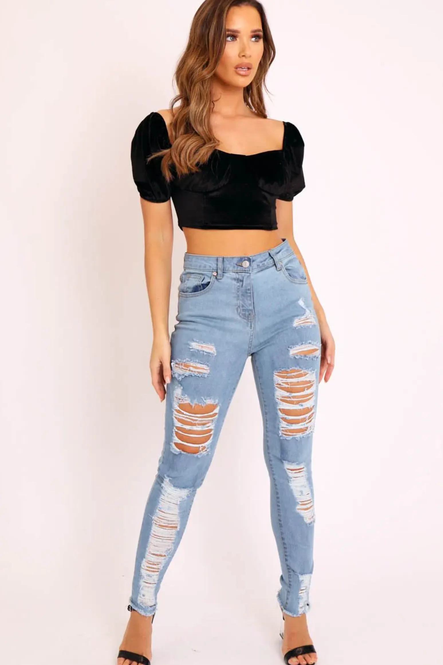 Rebellious Fashion Blue Denim Frayed Hem Distressed Skinny Jeans - Tristen