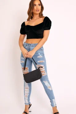 Rebellious Fashion Blue Denim Frayed Hem Distressed Skinny Jeans - Tristen